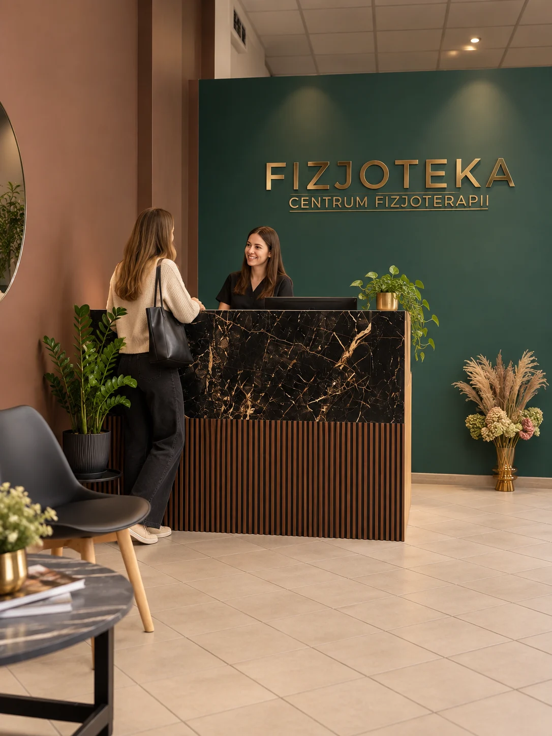 Recepcja Fizjoteki z zieloną ścianą i oznakowaniem centrum